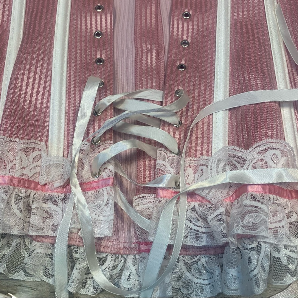 Shirley of Hollywood Striped Satin Lace Boned Corset Coquette Candy - Picture 8 of 12